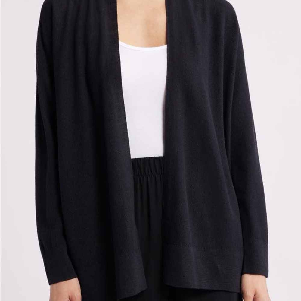 Eileen Fisher Black Linen Open Front Knit Cardigan Minimalist Lightweight Layer